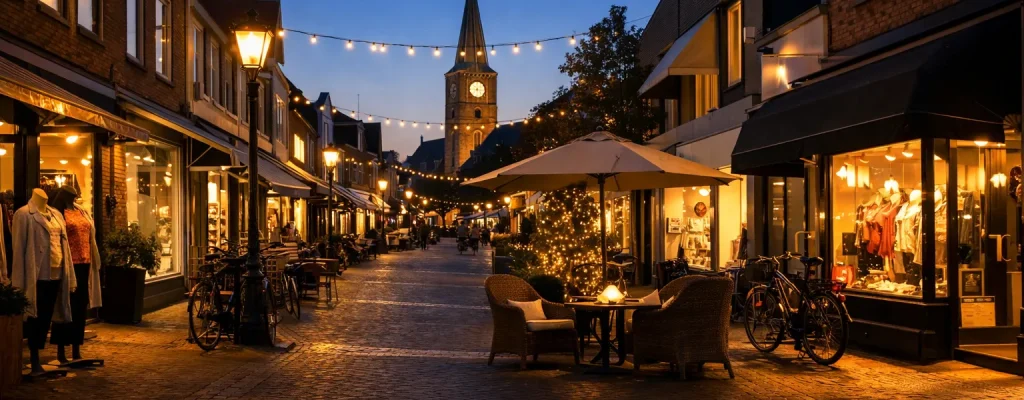 Verlichte winkelstraat in Soest tijdens koopavond