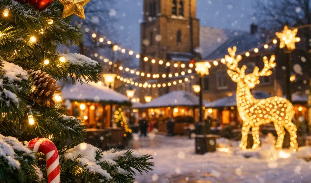 Sfeervolle winterse dorpskern in Soest met kerstverlichting en besneeuwde kerstboom