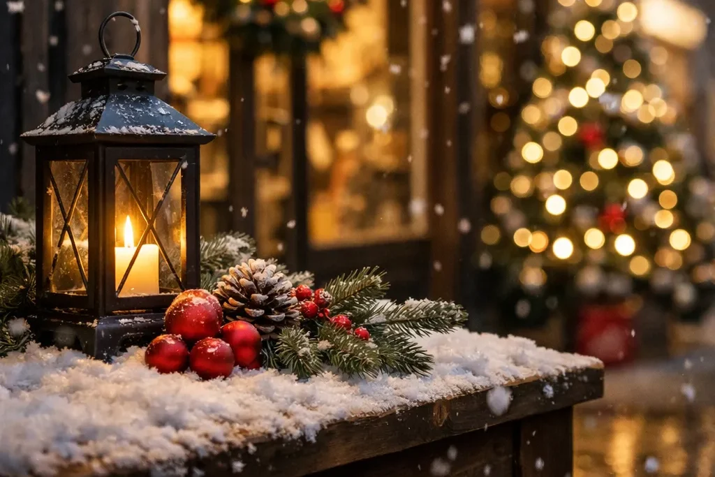 Sfeervolle winkelpui met kerstverlichting en sneeuw