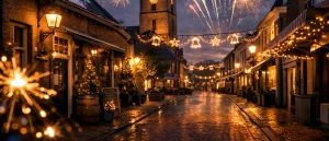 Feestelijke straat in Soest tijdens oud en nieuw met vuurwerk en warme verlichting