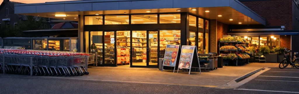 Realistische supermarkt in Soest in de vroege avond.