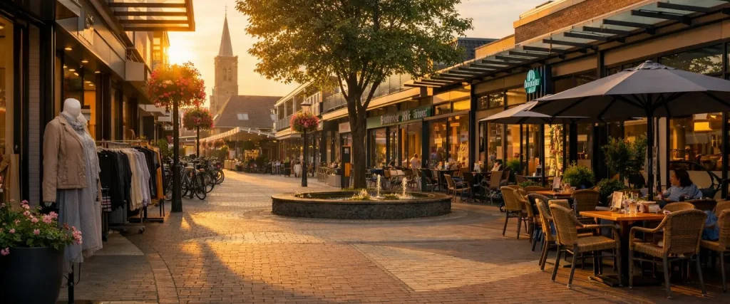 Winkelcentrum in Soest met winkels en terrasjes in de avondzon.