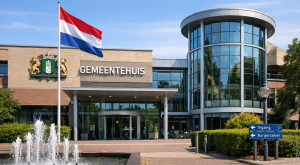 Vooraanzicht van het gemeentehuis in Soest met Nederlandse vlag