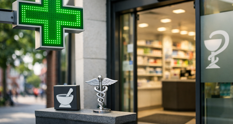 Gevel van een apotheek in Soest met groen apothekerskruis