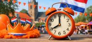 Oranje wekker en feestdecoratie tijdens Koningsdag in Soest