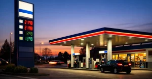 Verlicht tankstation in Soest bij zonsondergang