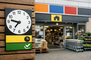 Gevel van een bouwmarkt in Soest met klok bij de ingang.