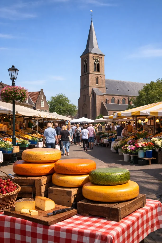 Drukke weekmarkt in Soest met kramen en bezoekers.